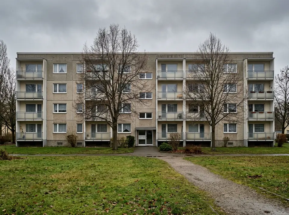 Négyemeletes lakótelepi ház erkélyekkel, előtte füves terület és lombtalan fák, borús időben.